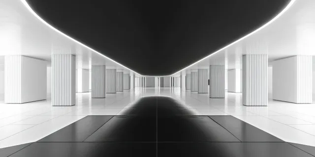 Futuristic white interior corridor with symmetric columns and glowing ceiling lights over a black path