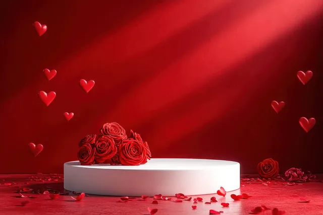 White round pedestal with red roses, scattered petals, and glowing floating red heart shapes against a red background.