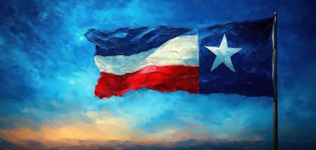 Texas flag waving on a flagpole against a colorful twilight sky.