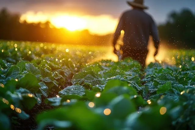 A farmer sprays a fine water mist over green vegetable plants in golden morning sunlight.
