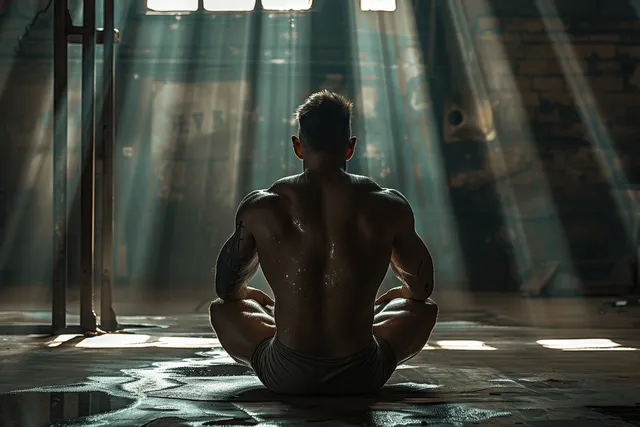Muscular man meditates cross-legged in an abandoned warehouse while sunlight beams through windows behind him.