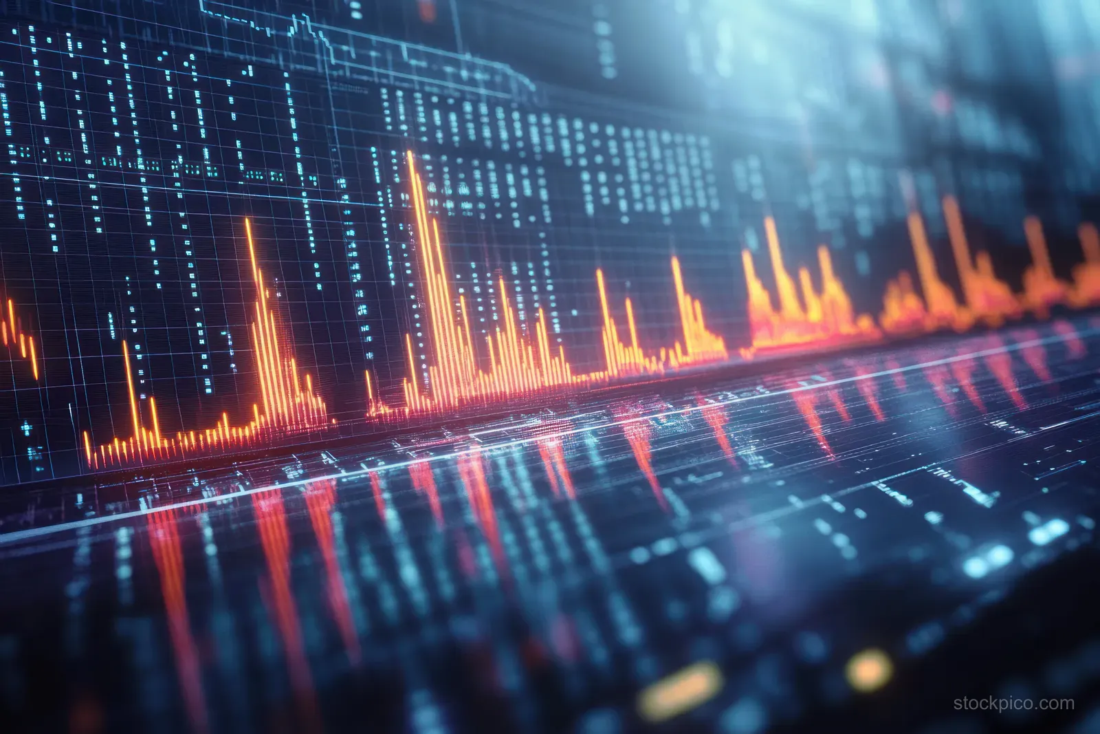Futuristic financial dashboard displaying glowing orange market graph peaks over a blue grid, illustrating trading activity and trends.