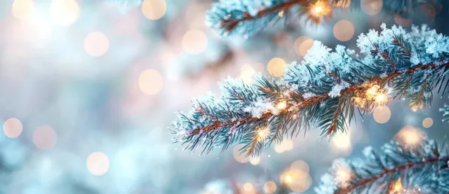 Snow-covered pine needles glow under warm holiday lights with soft bokeh lights in the winter background.