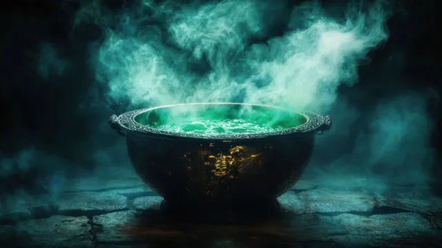 Ornate cauldron emitting thick green-blue mystical smoke over a cracked stone floor in darkness.