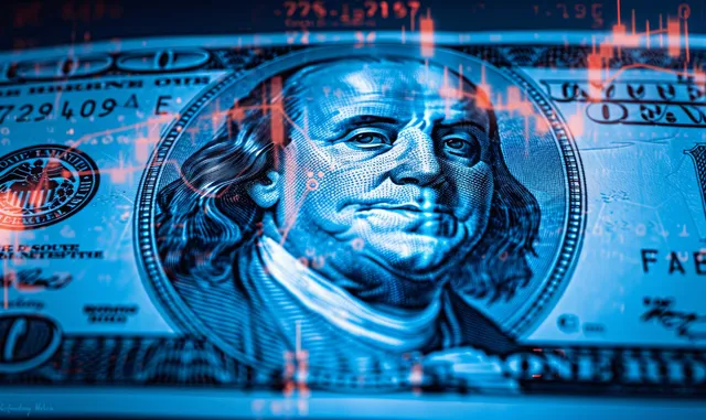 Benjamin Franklin on a dollar bill glows blue with an upward financial graph overlay behind it.