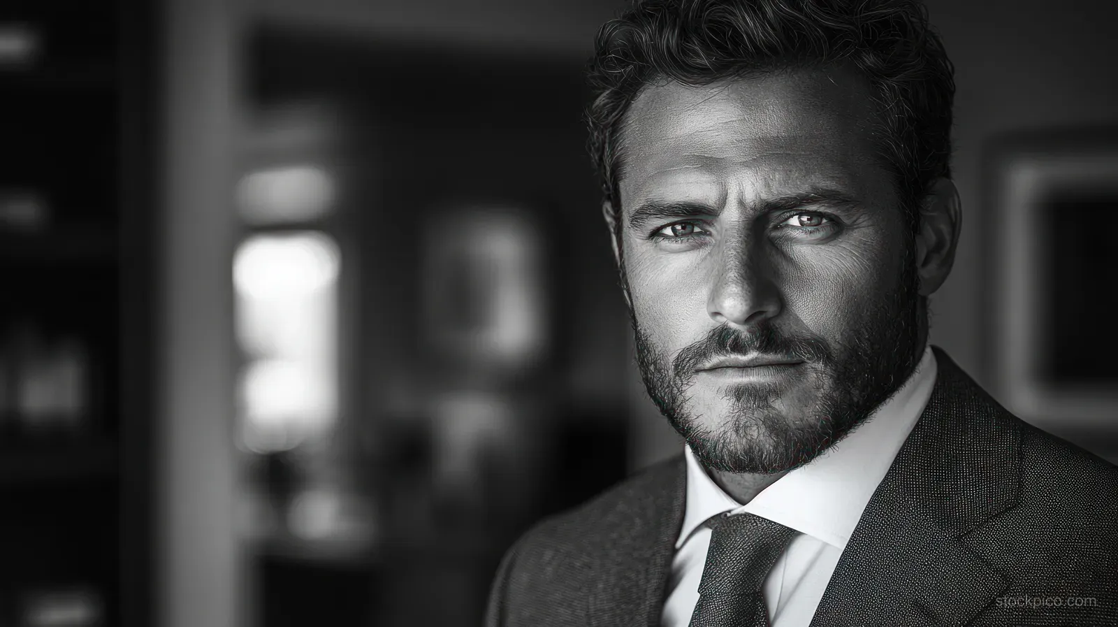 Mid-aged CEO in a monochrome office portrait with arms crossed and a blurred background.