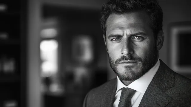 Confident mid-aged CEO in modern office, arms crossed, dramatic monochrome portrait