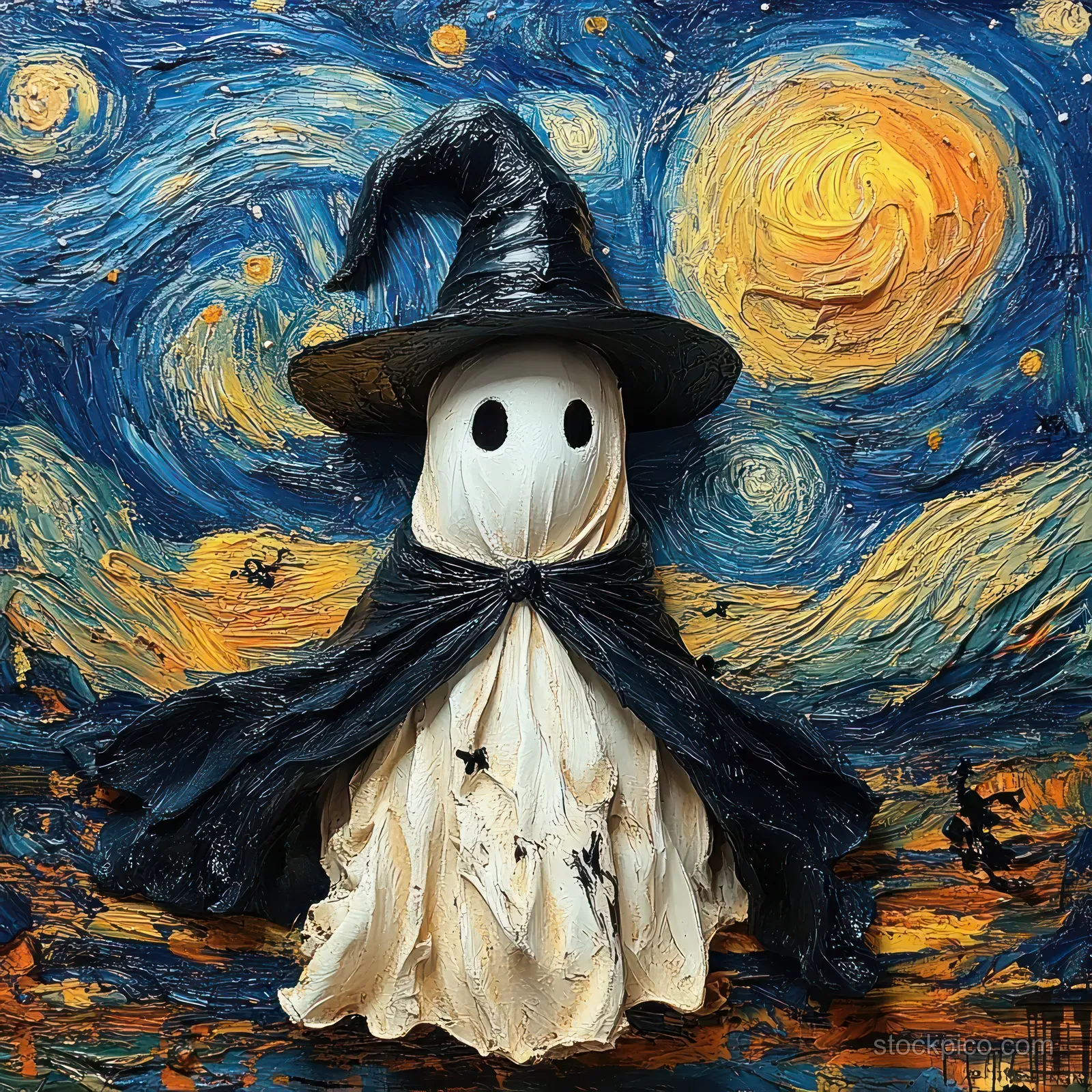 A ghost in a black witch hat and cape stands in front of swirling stars and a glowing orange moon at night.
