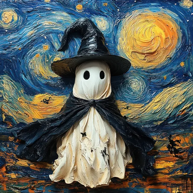 A ghost in a black witch hat and cape stands in front of swirling stars and a glowing orange moon at night.