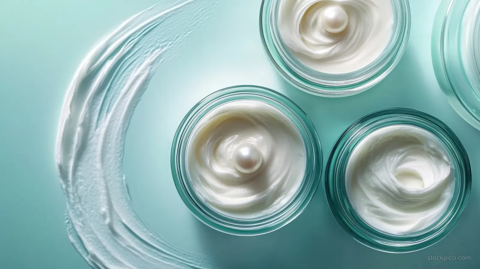 Open glass jars hold white skincare cream swirls with pearl-like toppers on a soft blue surface.
