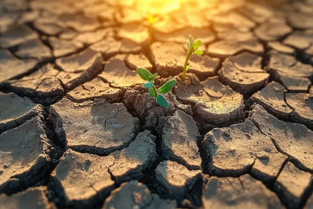 Cracked drought soil in Texas with small green sprouts emerging under warm sunlight
