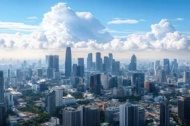 Aerial view of Bangkok skyline at daylight with skyscrapers, roads, and dramatic clouds