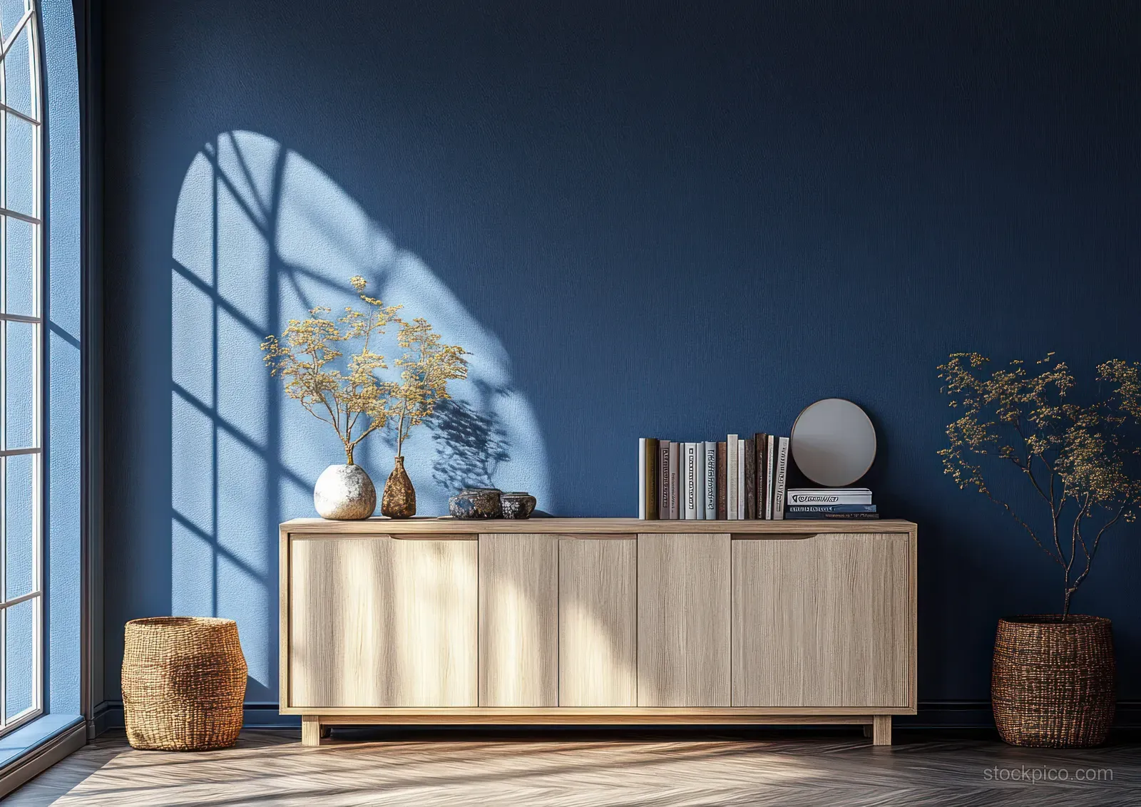 Minimalist room corner with a light wood cabinet, books, a vase, and a blue wall under window sunlight shadows.