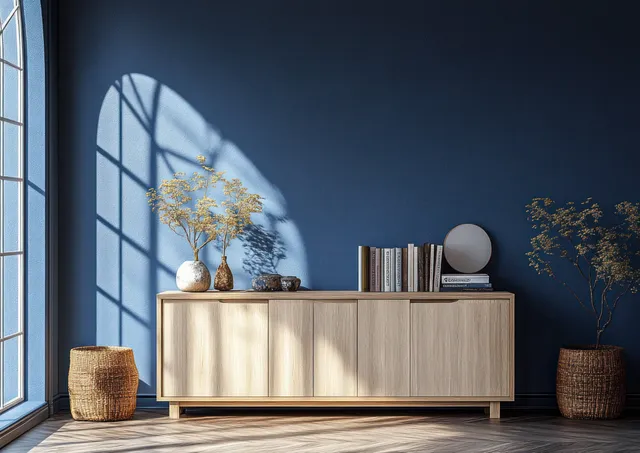 Minimalist room corner with a light wood cabinet, books, a vase, and a blue wall under window sunlight shadows.