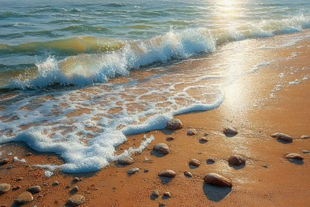 Sunlit ocean waves roll onto sandy shore, scattered pebbles glistening near the foam line