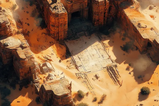 Fantasy desert ruins battlemap with druid circle doorway, scattered rocks, warm sunlight shadows