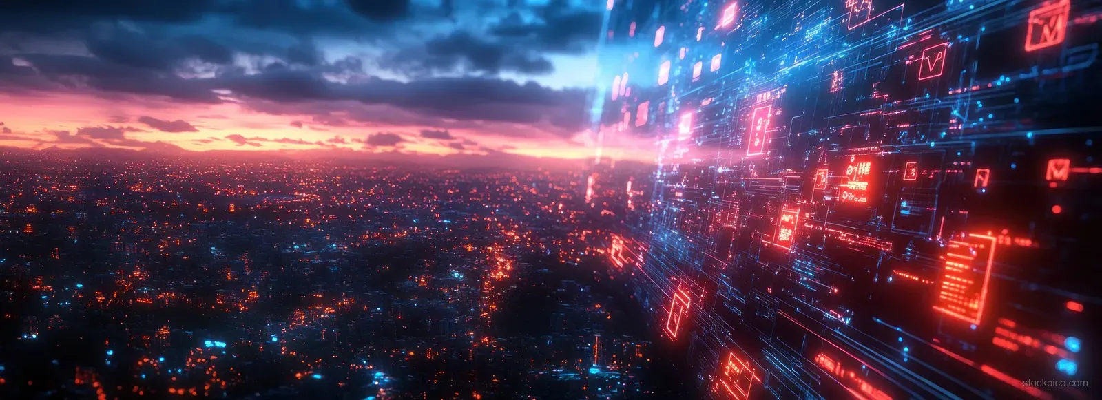 Neon futuristic city skyline with glowing medical AI icons and digital data streams across streets at twilight.