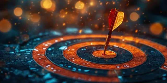 Business dart lands on bullseye target board amid glowing investment strategy dashboard