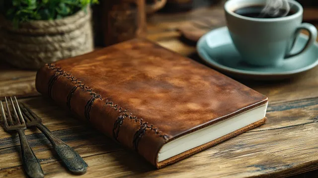 Brown leather notebook on wooden table beside espresso cup, warm morning light