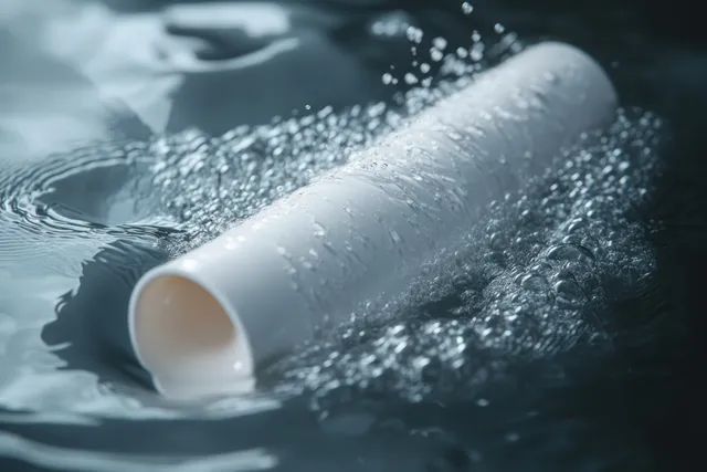 A white cylindrical container submerged in water with air bubbles rising and ripples around it.