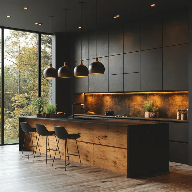 Minimalist kitchen interior showing wood cabinets, black island, pendant lights, and large windows with greenery outside.