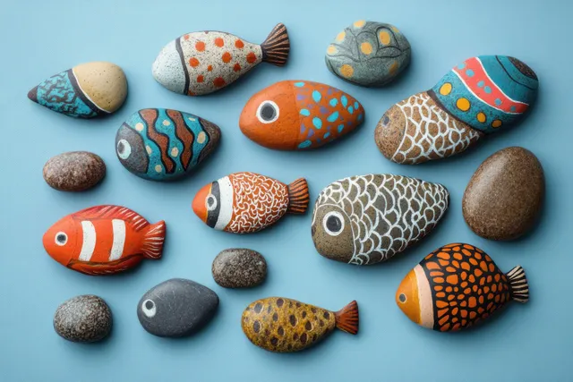 Painted stone fish with fins and scale patterns are arranged in a group on a sky-blue background.
