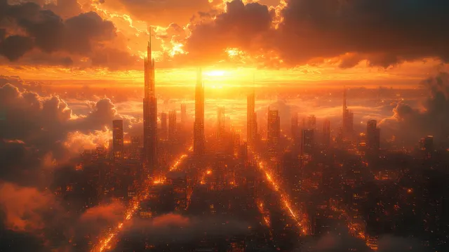 Golden sunrays over futuristic skyline at sunset, glowing vertical towers and misty city lights