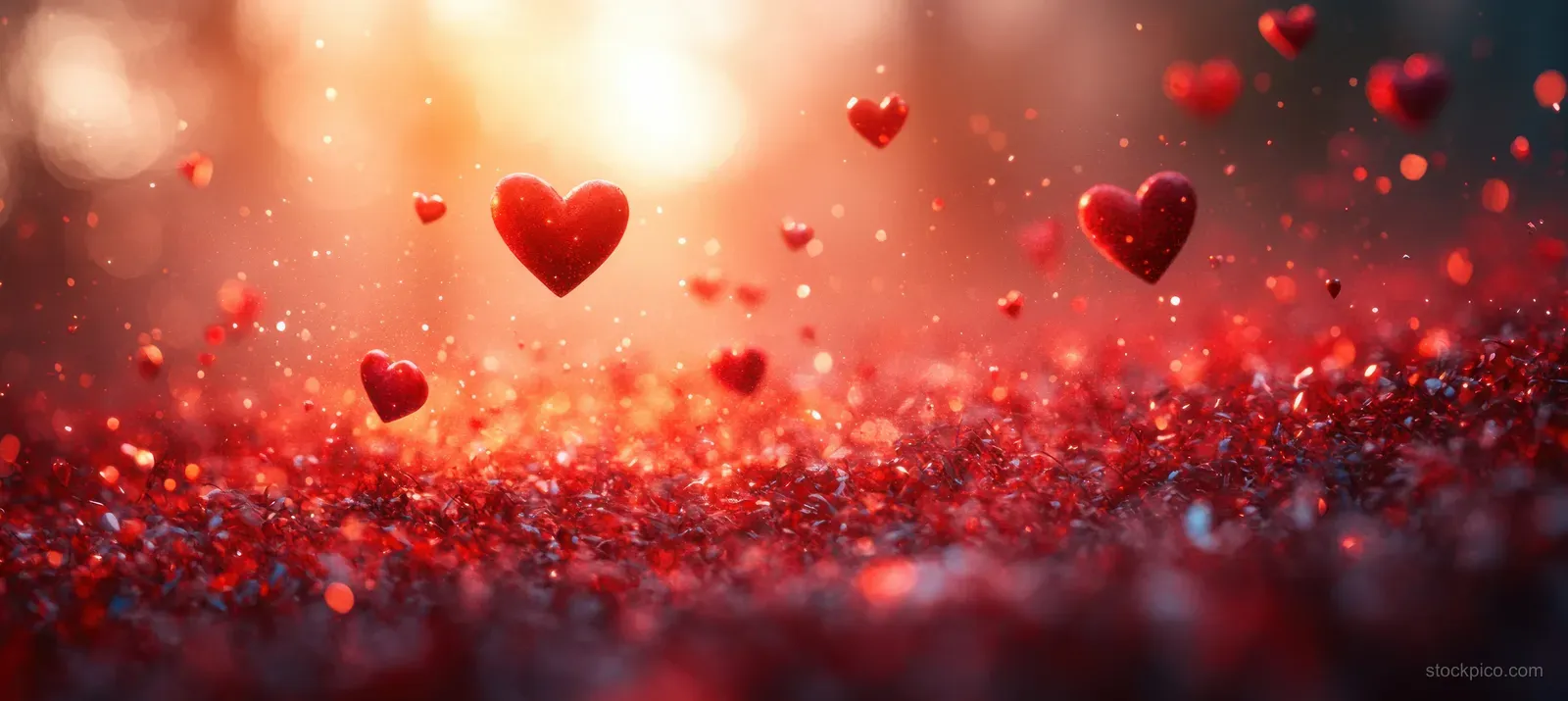 Red hearts float over a glowing bokeh background with sparkling particles and deep crimson tones.