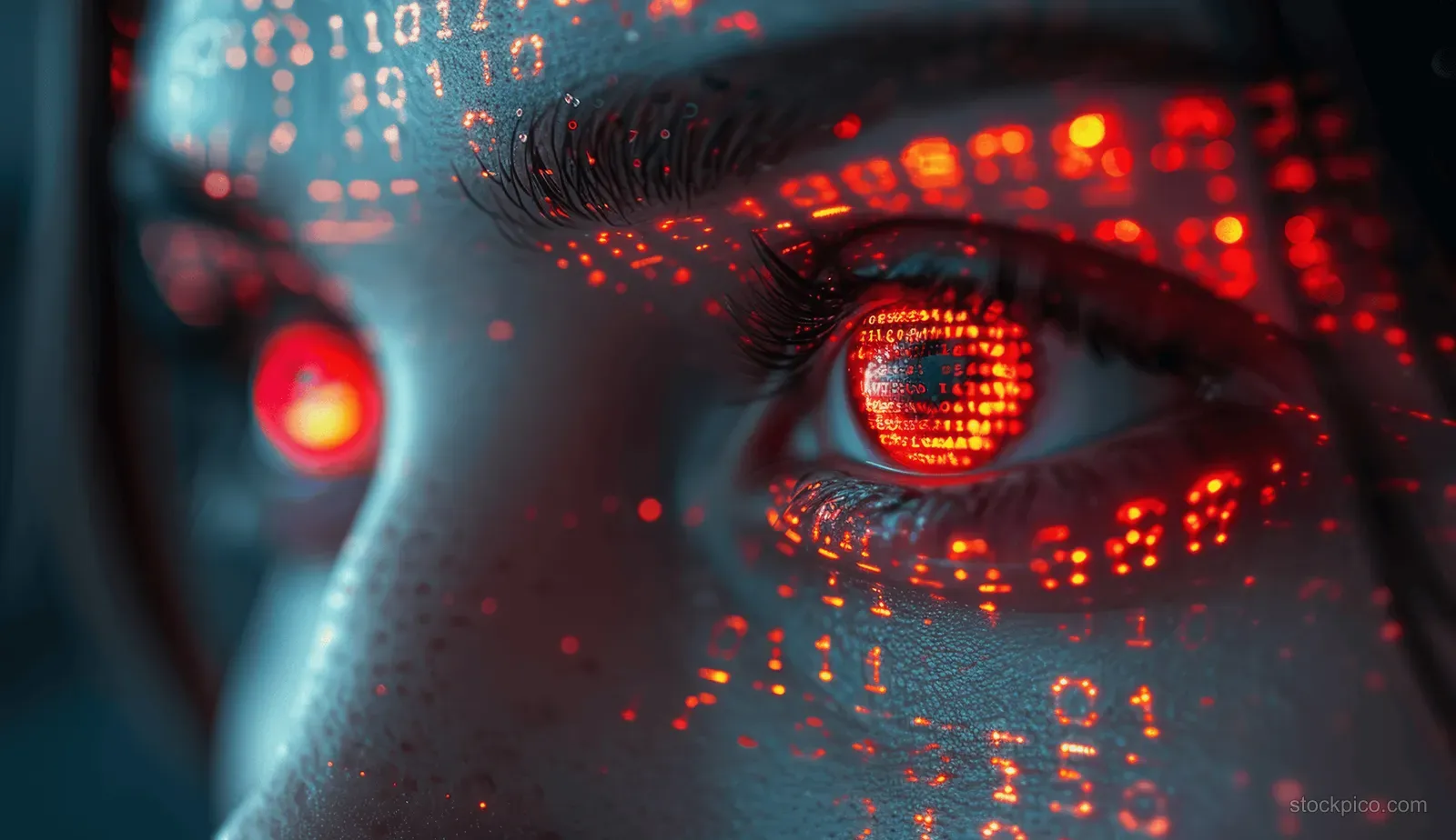 Close-up of a genderless face with glowing red eyes and binary code projected across the skin.
