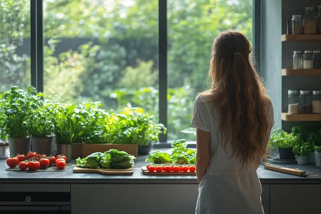 Woman Preparing Fresh Salad in Sunlit Modern Kitchen
