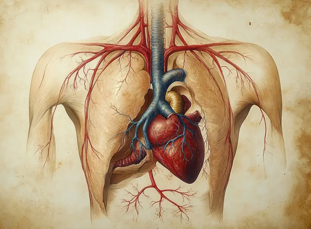 Human heart circulatory system cutaway illustration with bronchial tree-like lung airways