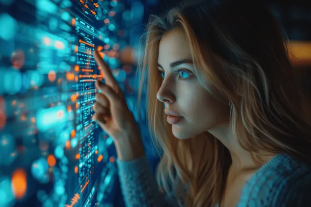 Businesswoman pointing at holographic data projections during strategy meeting in digital office