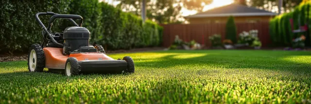 A lawn mower is cutting bright green grass in a backyard with hedges and warm sunlight.