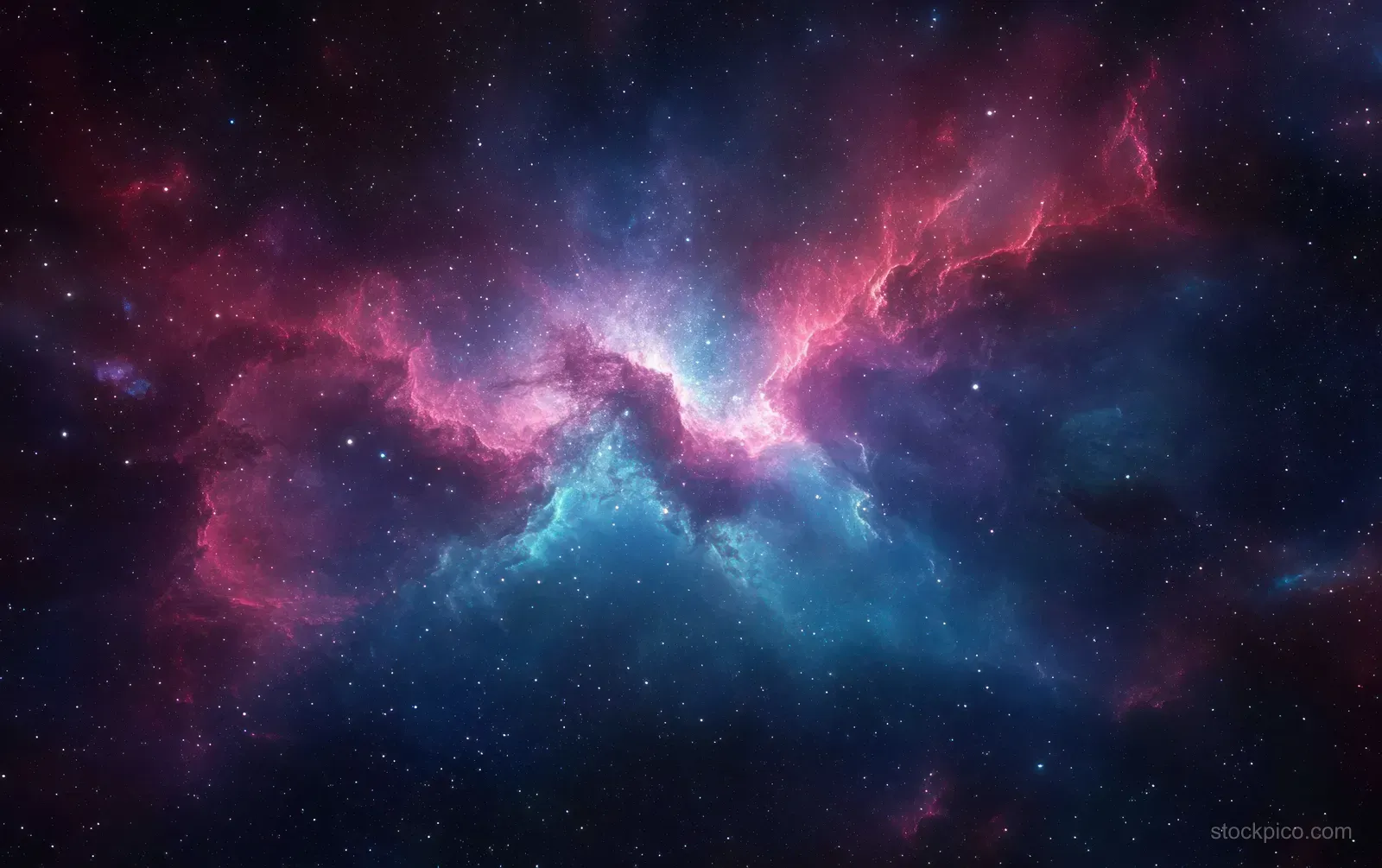Colorful purple and blue nebula glows through a dark star filled outer space scene with faint cosmic haze.