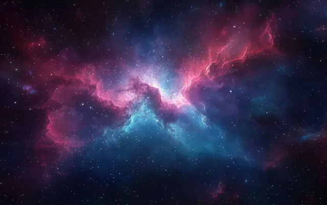 Colorful purple and blue nebula glows through a dark star filled outer space scene with faint cosmic haze.