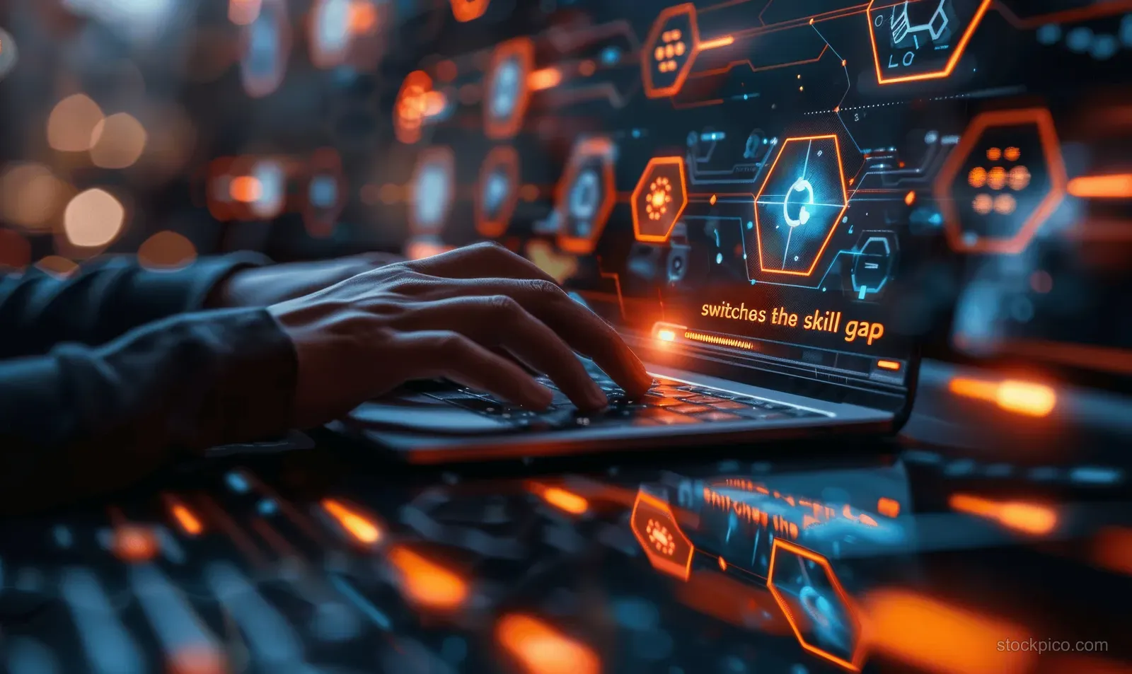 Hands type on a laptop surrounded by glowing digital icons for skill gap analysis.