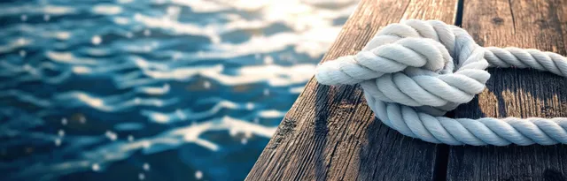 Coiled white rope knotted on a wooden dock cleat with rippling water reflections behind it.