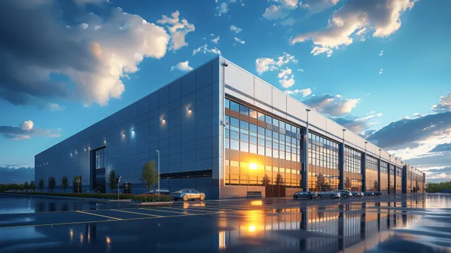 Modern warehouse exterior with parked vehicles under dramatic blue sunset sky
