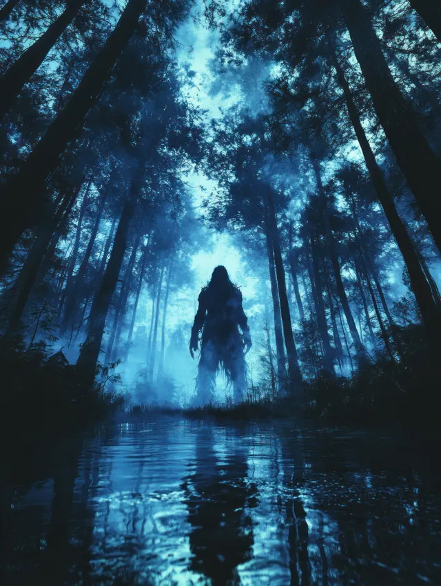 A Bigfoot-like silhouette in foggy moonlit forest stands by a reflective creek at night.