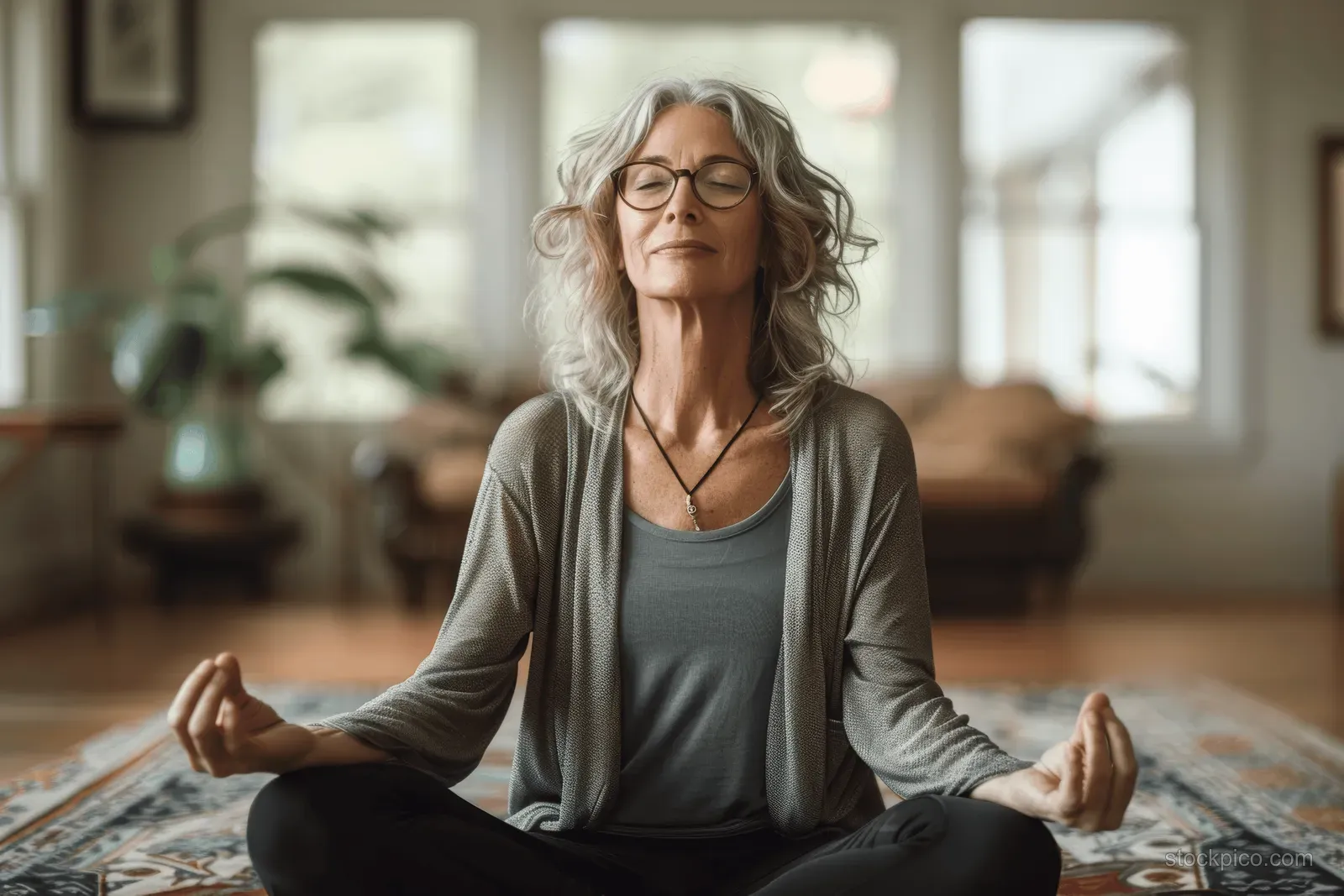An elderly woman sits cross-legged indoors, eyes closed, meditating on a patterned rug with soft daylight.