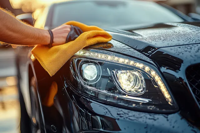 A person polishing a black car headlight with a yellow cloth in a garage while water droplets remain on the surface.