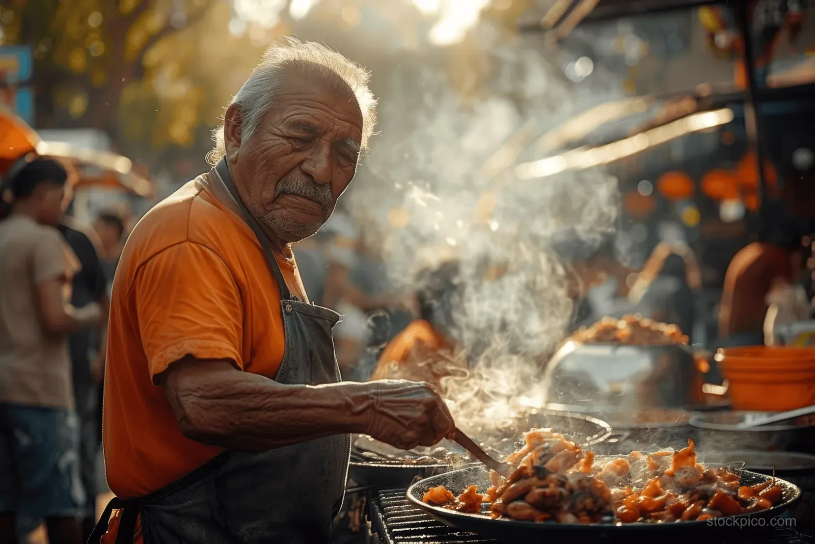 A Mexican street vendor cooks tacos al pastor on a smoky grill with people watching nearby.