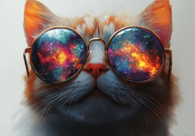 Fluffy gray cat face wearing round glasses that reflect a starry galaxy with fiery cosmic colors.