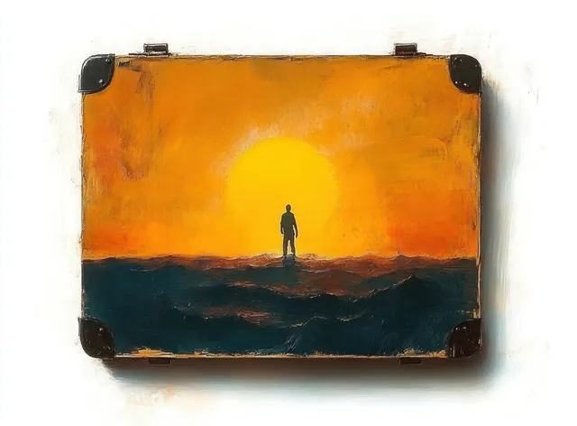 A painted suitcase panel shows a lone silhouette facing a bright yellow sun against an orange sky on dark terrain.
