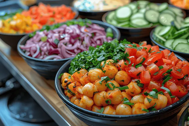 Vegan grain bowl with roasted chickpeas and chopped vegetables in a cafe display