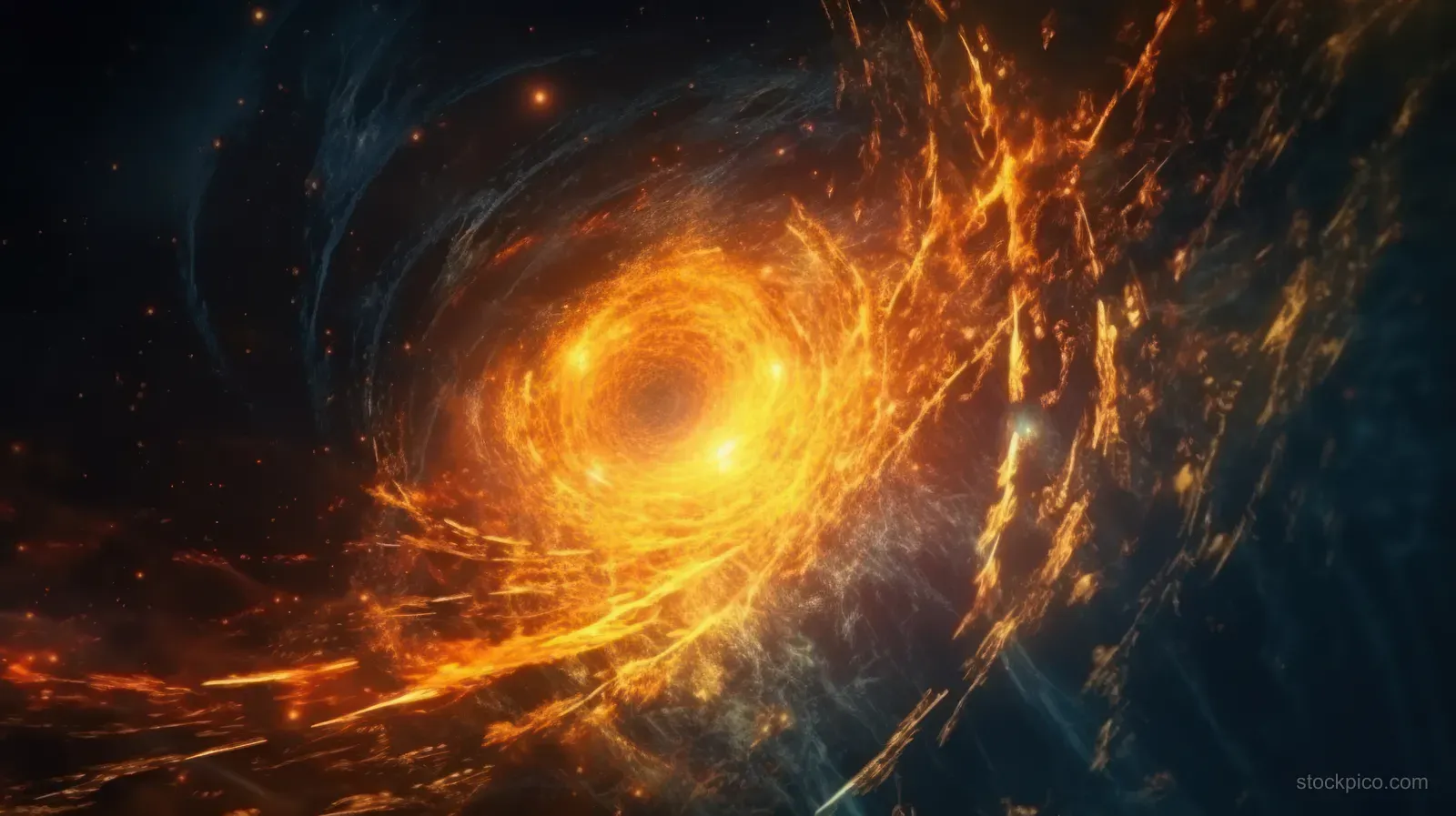Orange spiral nebula glows at the center while glowing energy threads curl outward in dark space.