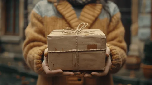 A person in a knit sweater holds a twine-tied wrapped gift box in a softly blurred indoor setting.