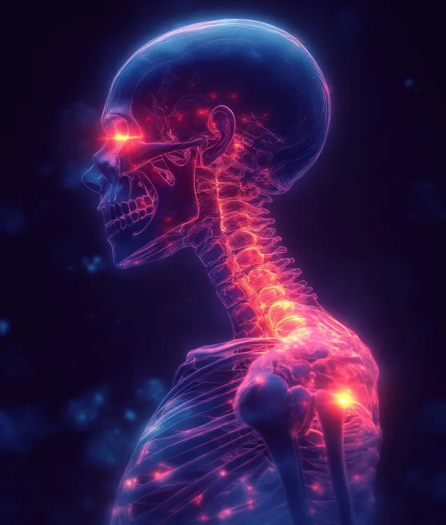 3D skeleton side view with glowing shoulder joint pain points on a dark X-ray medical background.