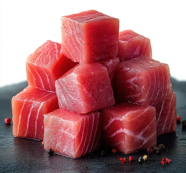 Fresh raw tuna cubes on dark slate with scattered peppercorns and vibrant pink-red texture.