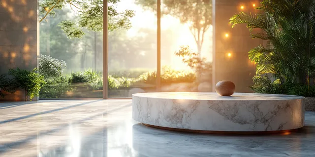 Marble pedestal table in sunlit modern office, soft bokeh reflections in background